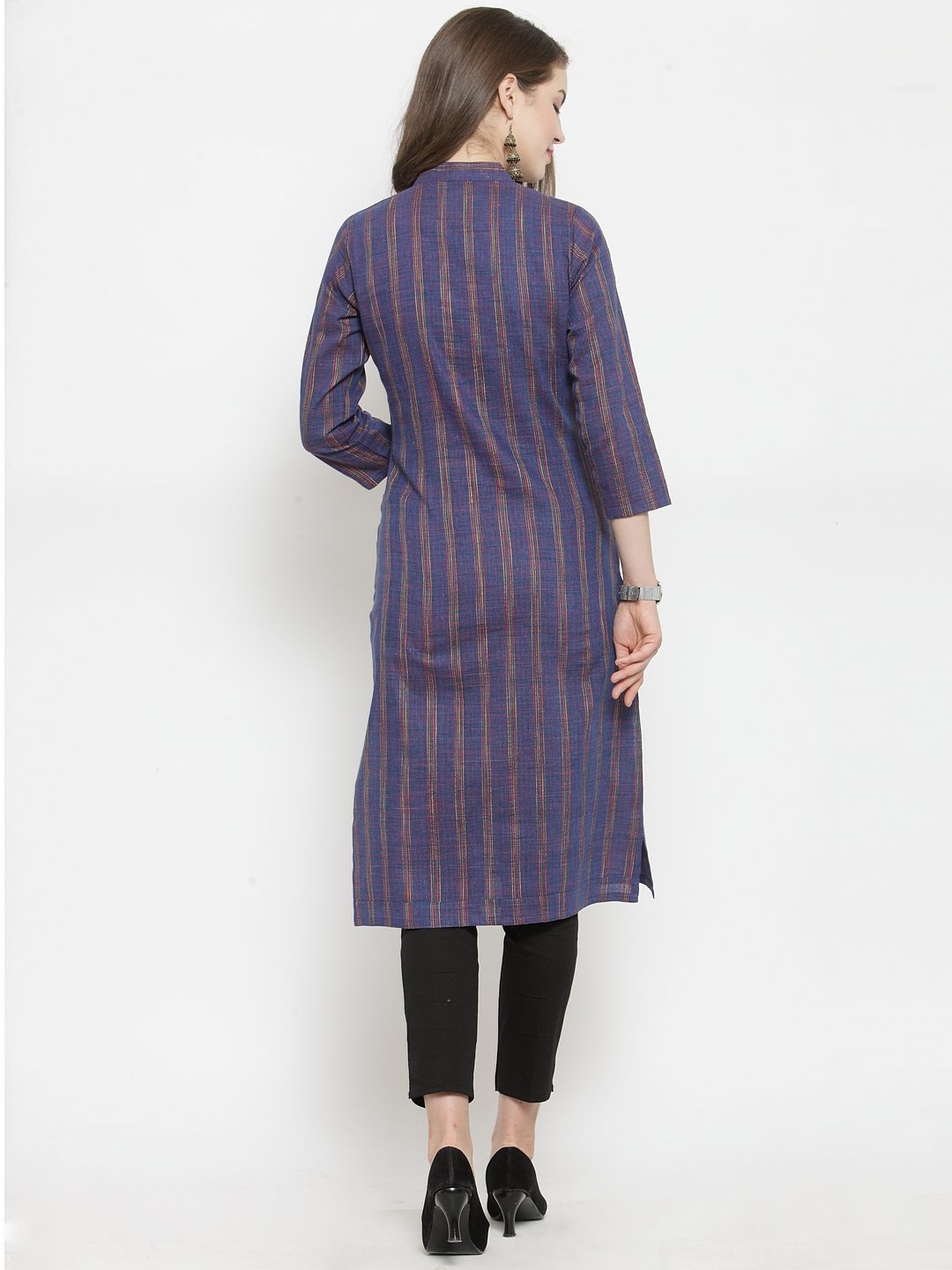 Jompers Women Blue Blue Striped Cotton-blend Straight Kurta - Distacart