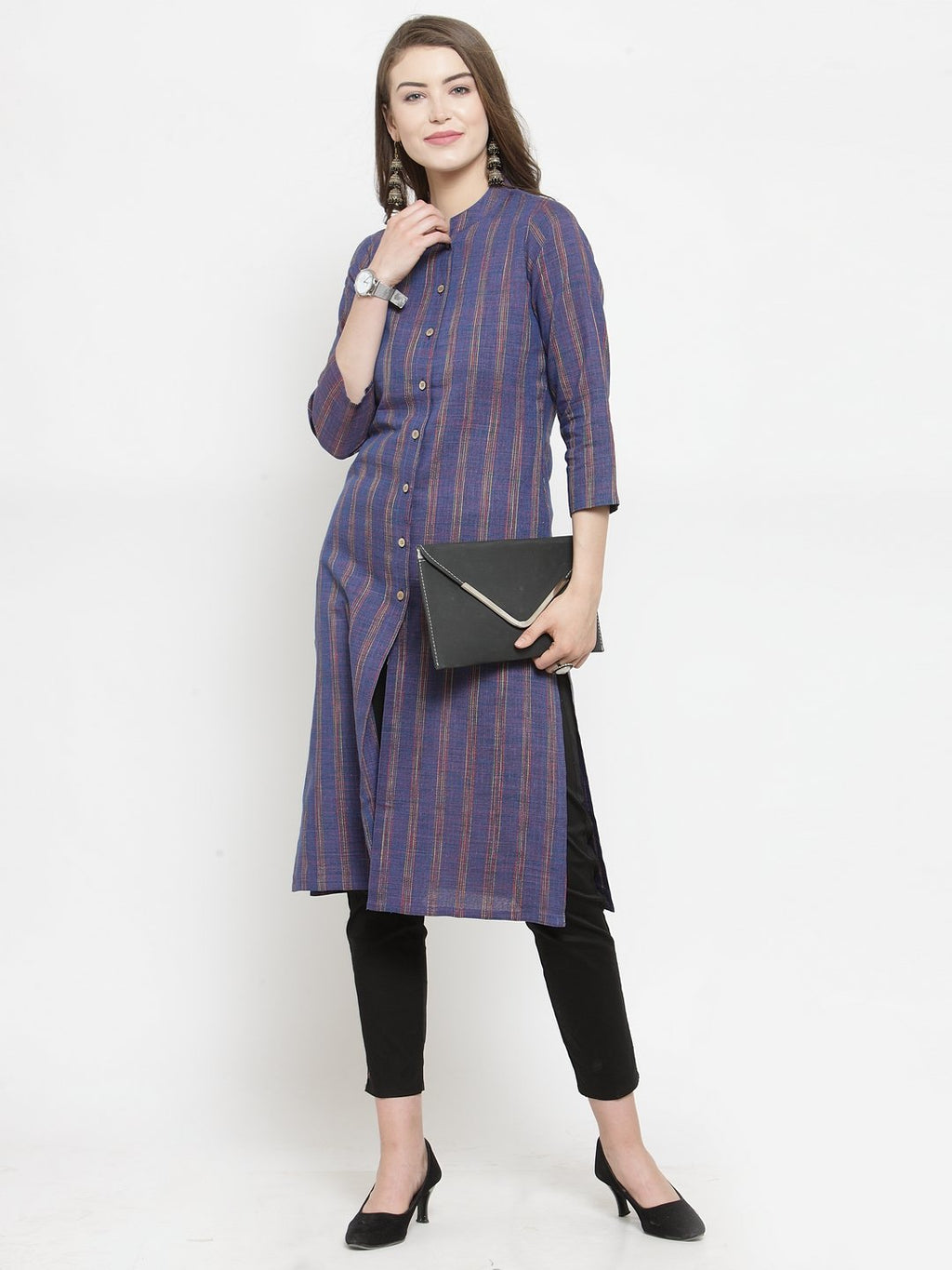 Jompers Women Blue Blue Striped Cotton-blend Straight Kurta - Distacart