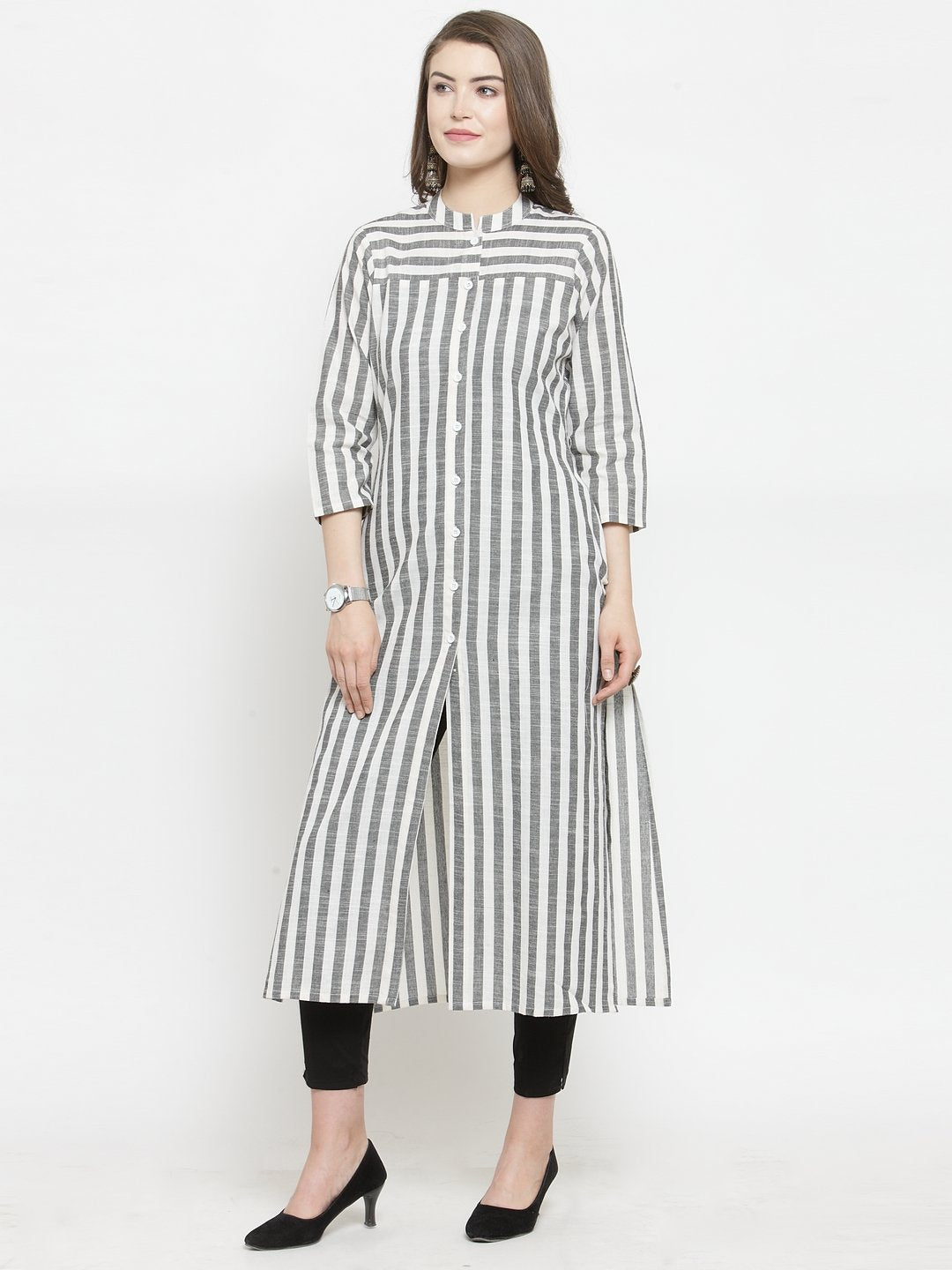 Jompers Women Grey & Off-White Striped Cotton Straight Kurta - Distacart
