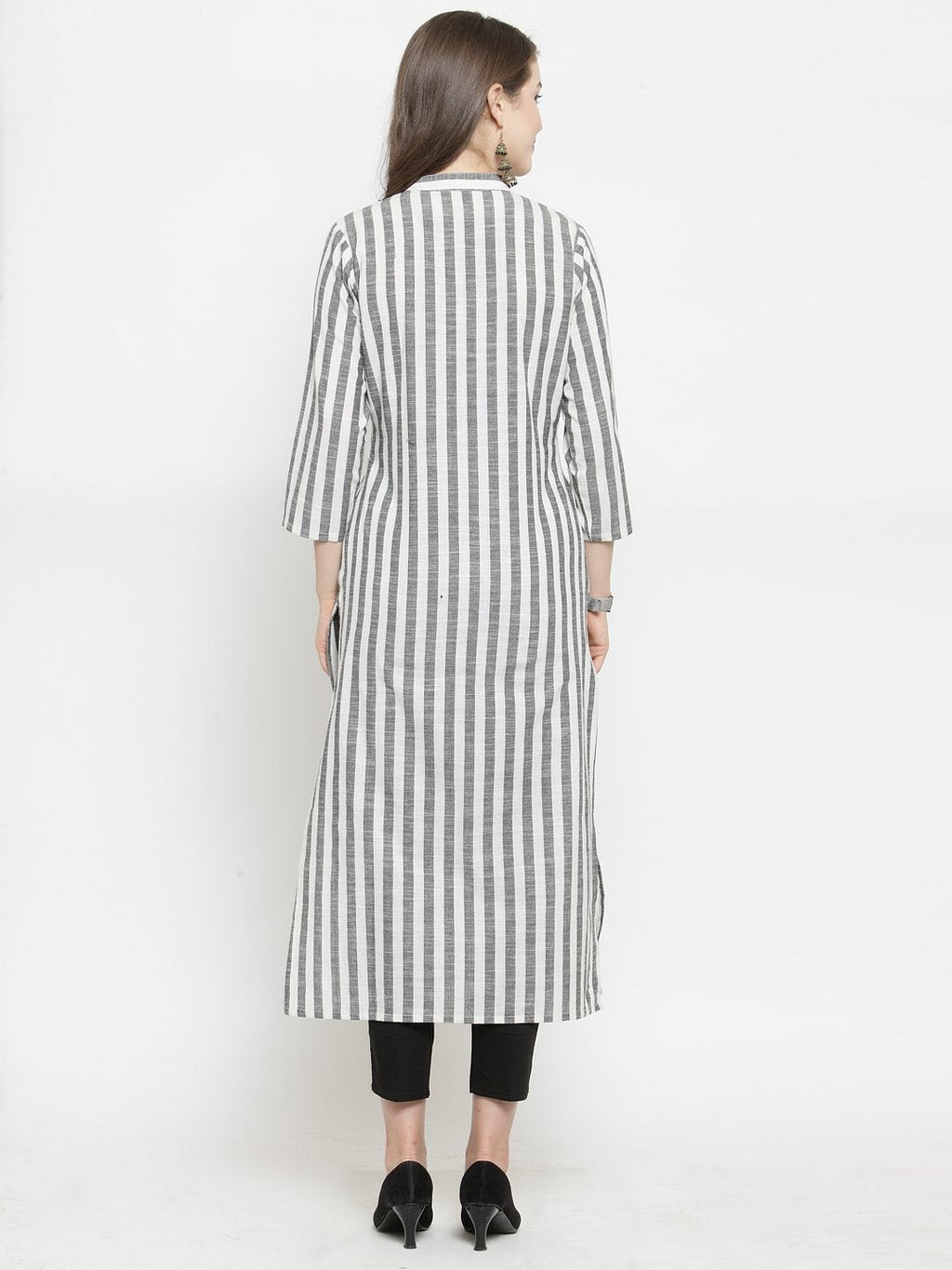 Jompers Women Grey & Off-White Striped Cotton Straight Kurta - Distacart