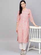 Jompers Women Red & Off-White Striped Cotton Straight Kurta - Distacart