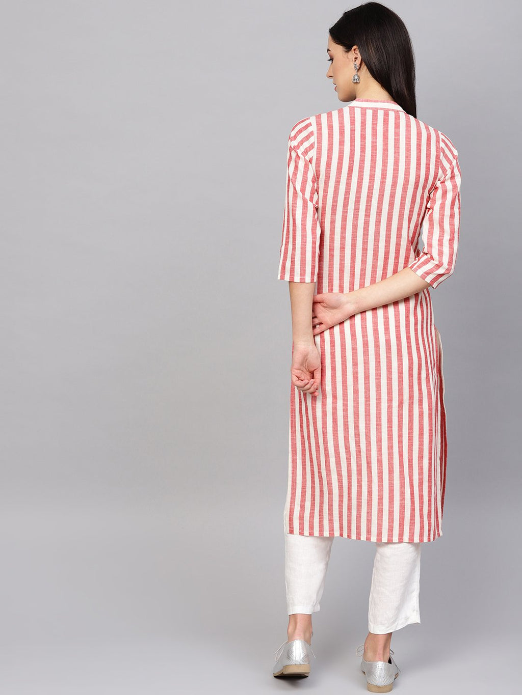 Jompers Women Red & Off-White Striped Cotton Straight Kurta - Distacart