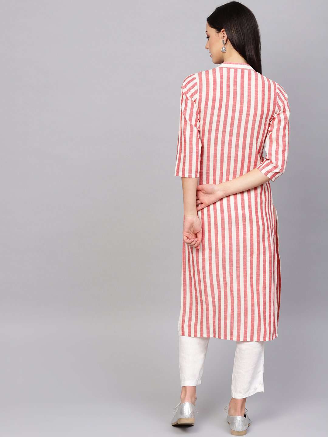 Jompers Women Red & Off-White Striped Cotton Straight Kurta - Distacart