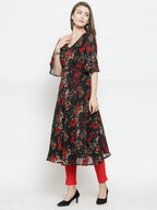 Jompers Women Black & Red Floral Printed Gorgette Flared Kurta - Distacart