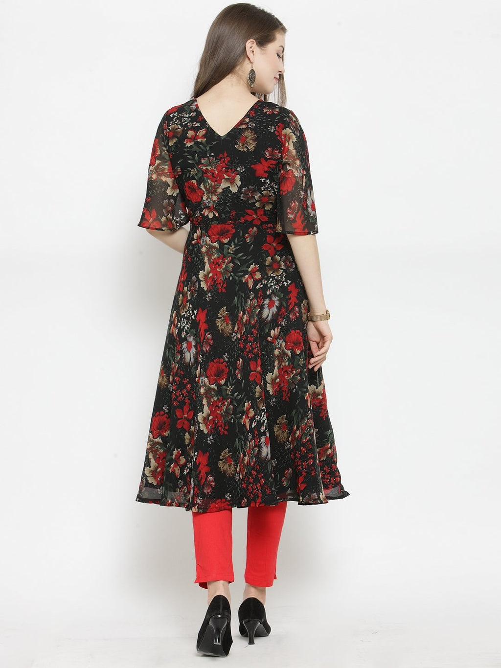 Jompers Women Black & Red Floral Printed Gorgette Flared Kurta - Distacart