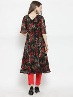 Jompers Women Black & Red Floral Printed Gorgette Flared Kurta - Distacart