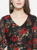 Jompers Women Black & Red Floral Printed Gorgette Flared Kurta - Distacart