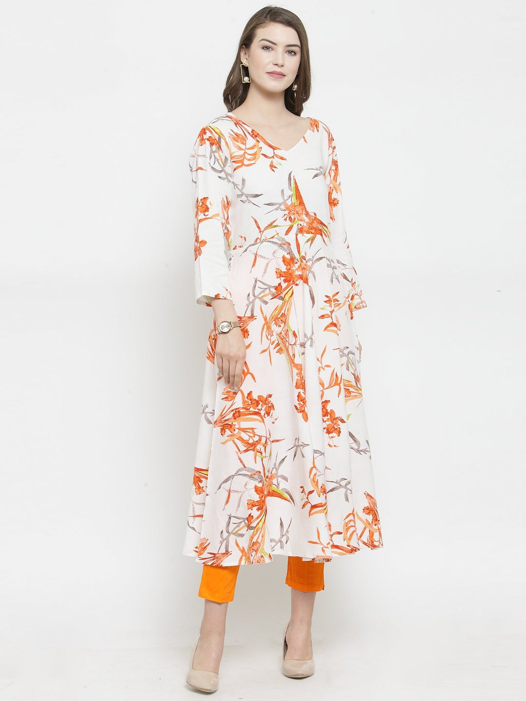 Jompers Women White & Orange Floral Printed Rayon Flared Kurta - Distacart