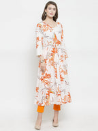 Jompers Women White & Orange Floral Printed Rayon Flared Kurta - Distacart