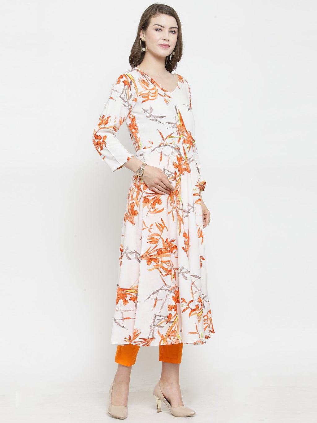 Jompers Women White & Orange Floral Printed Rayon Flared Kurta - Distacart
