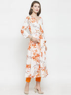 Jompers Women White & Orange Floral Printed Rayon Flared Kurta - Distacart