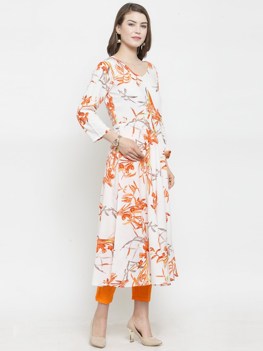 Jompers Women White & Orange Floral Printed Rayon Flared Kurta - Distacart