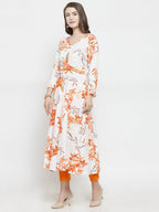 Jompers Women White & Orange Floral Printed Rayon Flared Kurta - Distacart
