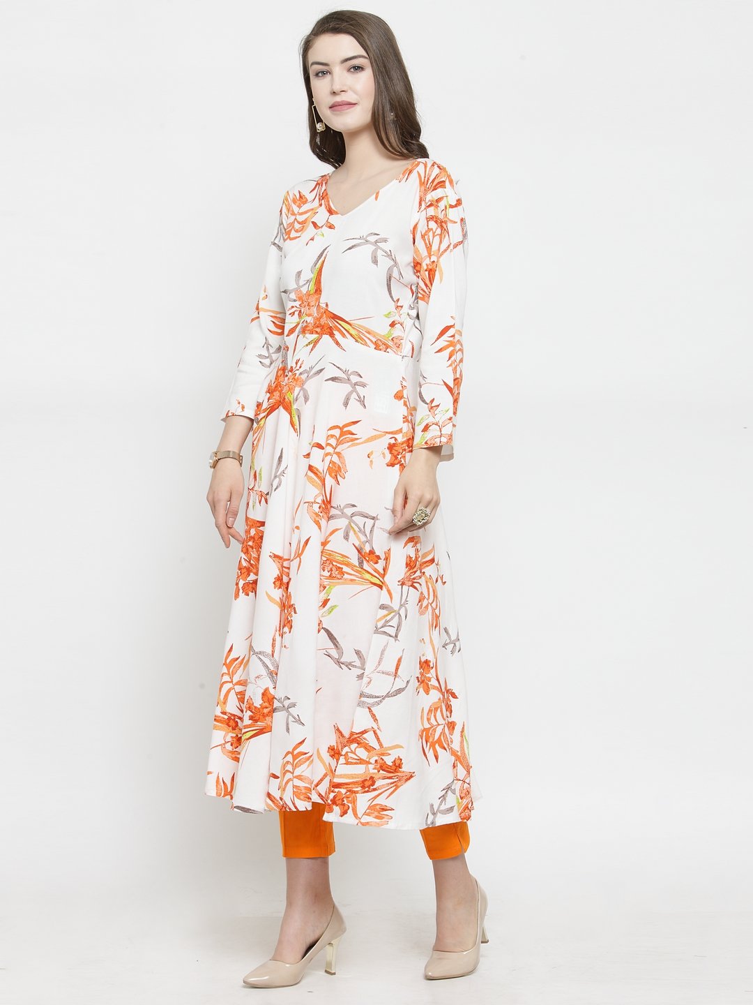 Jompers Women White & Orange Floral Printed Rayon Flared Kurta - Distacart