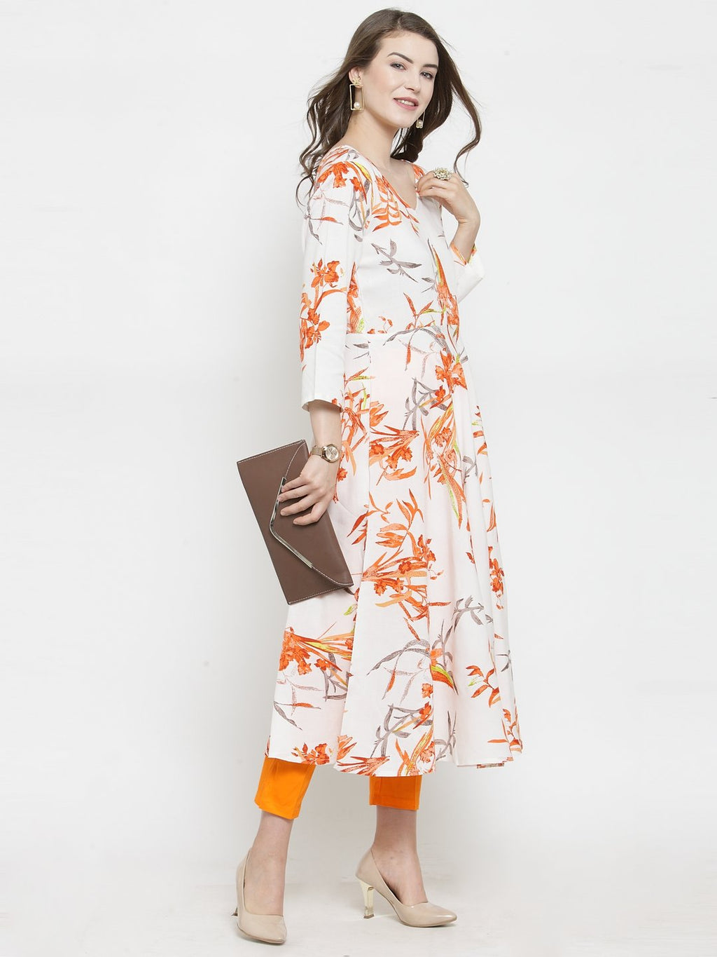 Jompers Women White & Orange Floral Printed Rayon Flared Kurta - Distacart