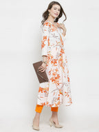 Jompers Women White & Orange Floral Printed Rayon Flared Kurta - Distacart