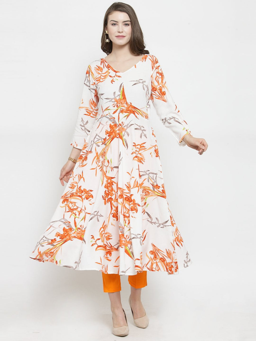 Jompers Women White & Orange Floral Printed Rayon Flared Kurta - Distacart