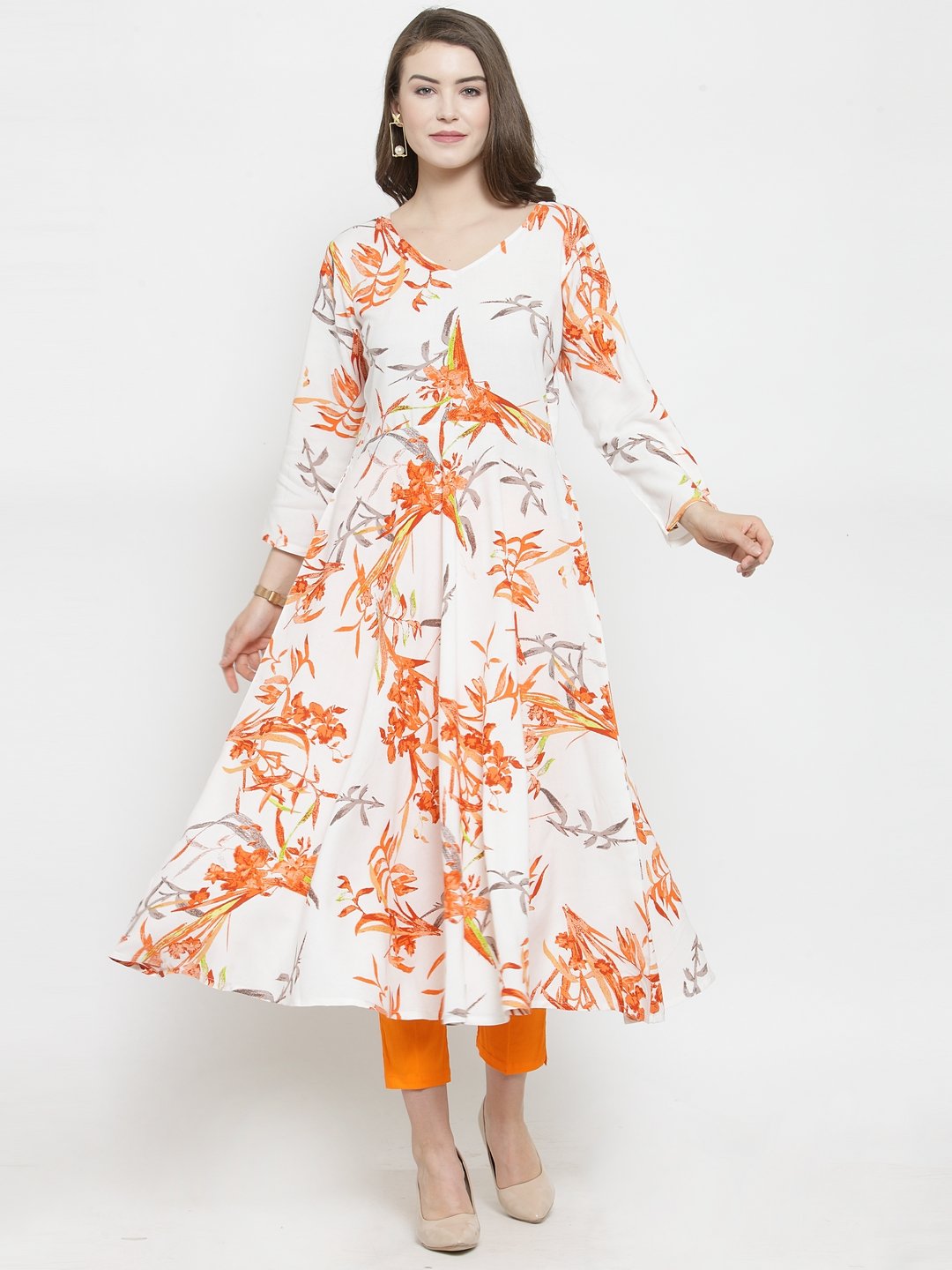 Jompers Women White & Orange Floral Printed Rayon Flared Kurta - Distacart