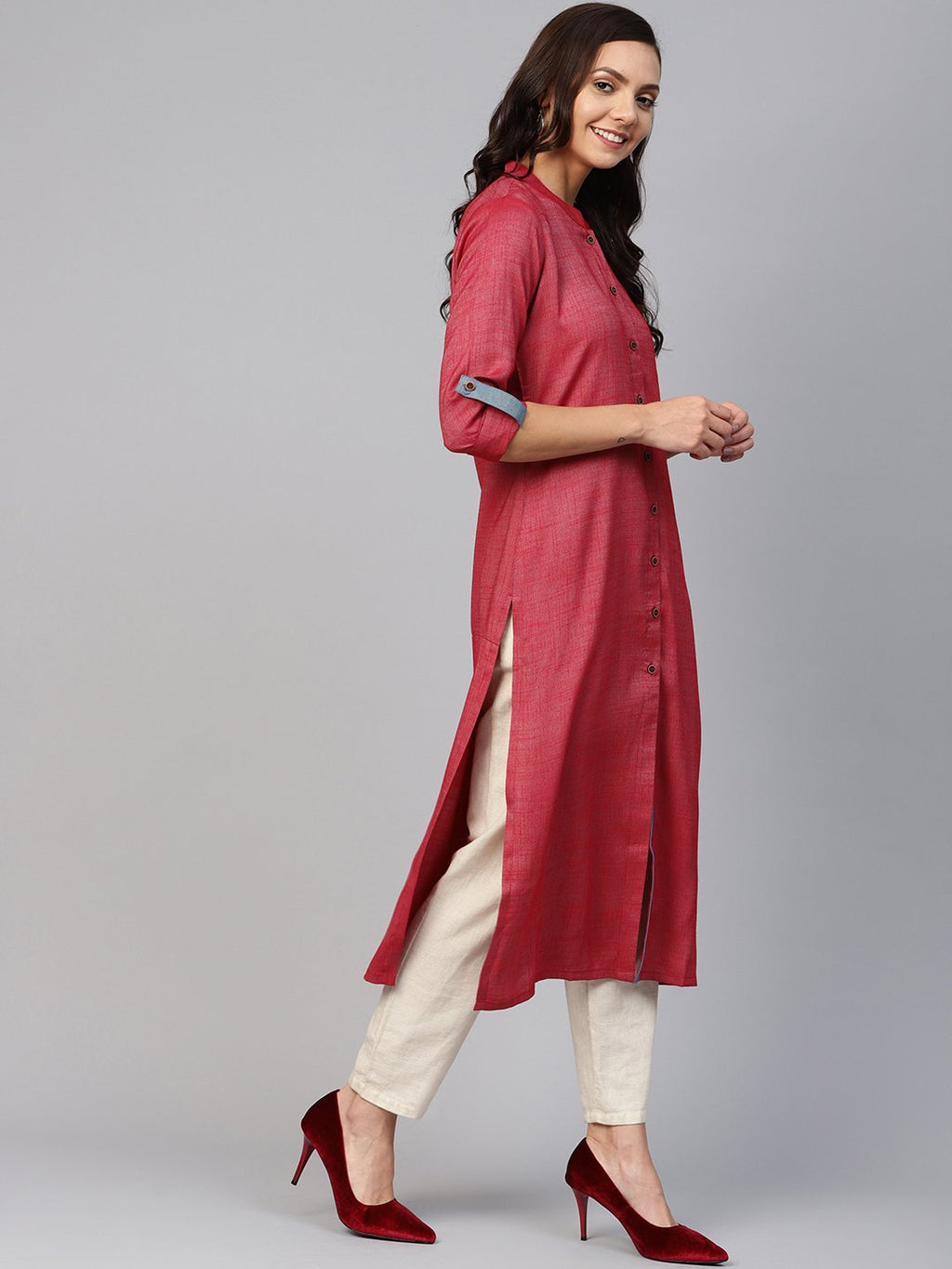 Jompers Women Maroon Woven Design Straight Rayon Kurta with Trousers - Distacart