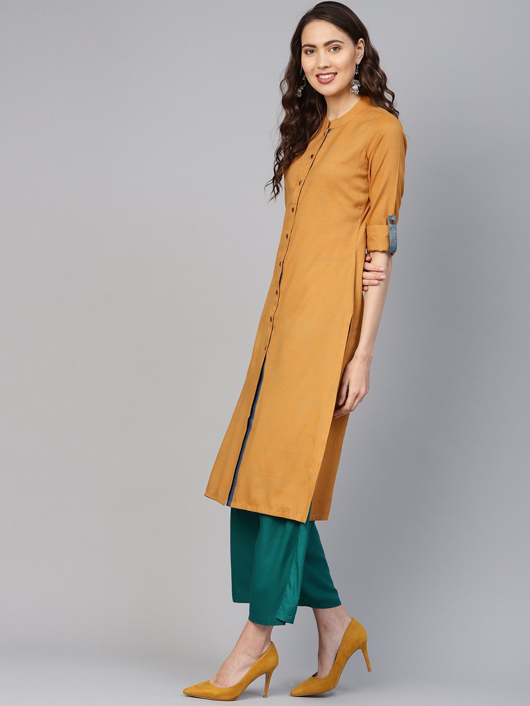 Jompers Women Mustard Woven Design Straight Rayon Kurta - Distacart