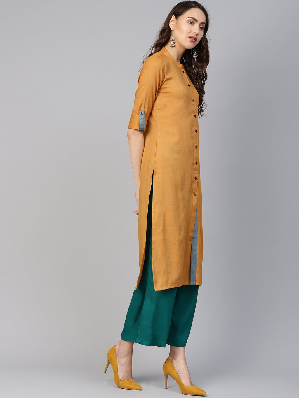 Jompers Women Mustard Woven Design Straight Rayon Kurta - Distacart