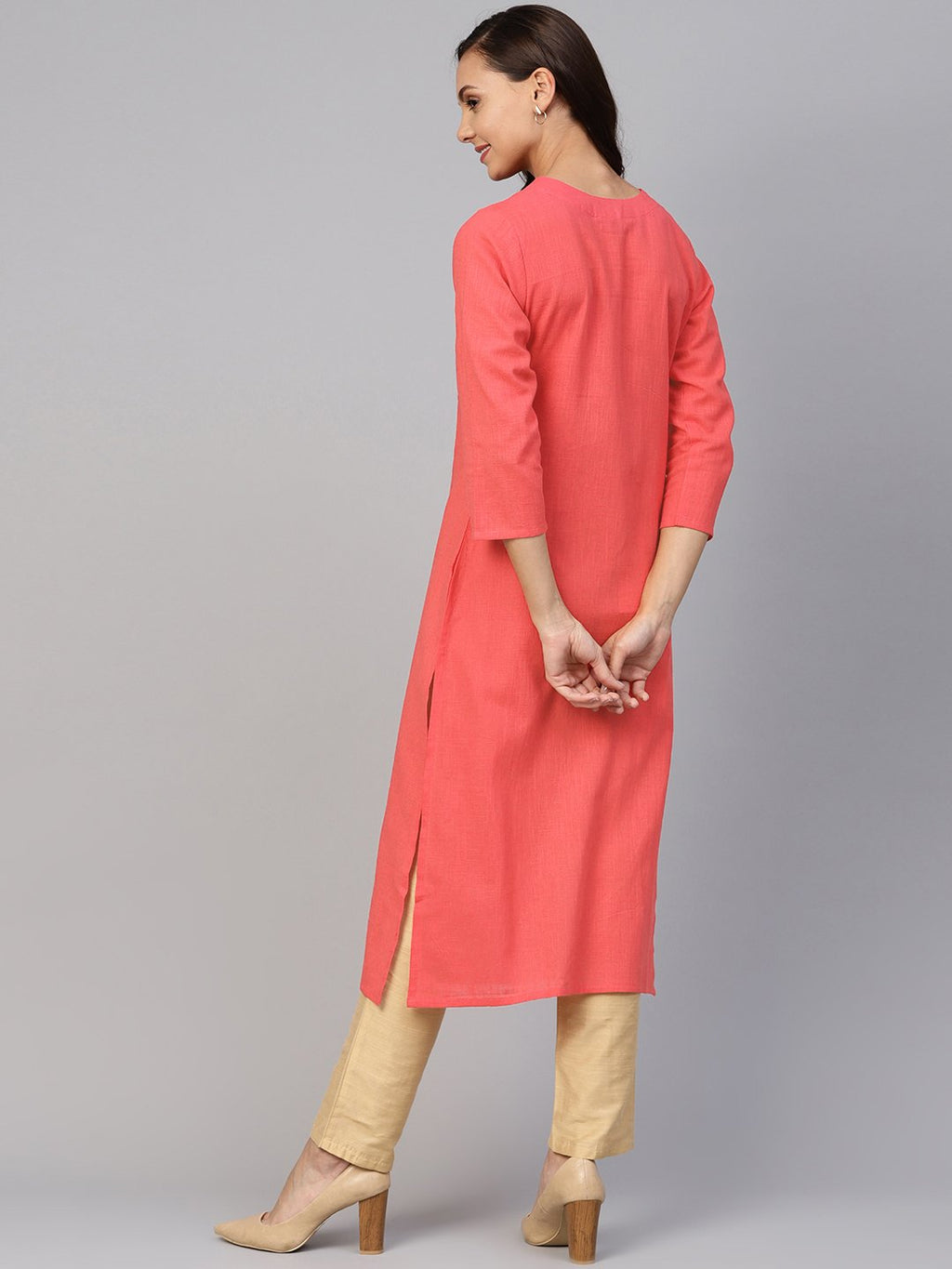 Jompers Women Peach Cotton Straight Kurta with Pintucks - Distacart