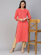 Jompers Women Peach Cotton Straight Kurta with Pintucks - Distacart
