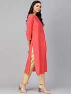 Jompers Women Peach Cotton Straight Kurta with Pintucks - Distacart