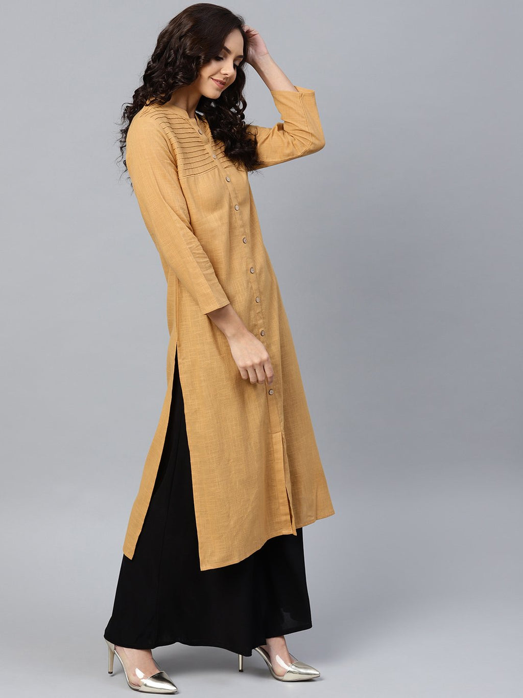 Jompers Women Beige Cotton Straight Kurta with Pintucks - Distacart