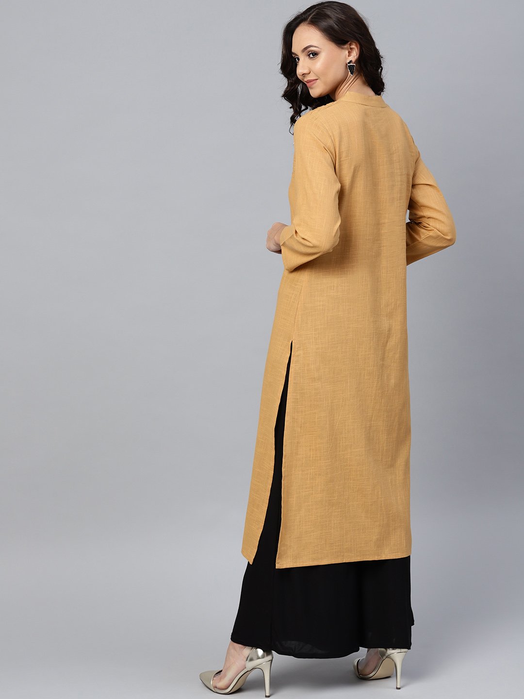 Jompers Women Beige Cotton Straight Kurta with Pintucks - Distacart