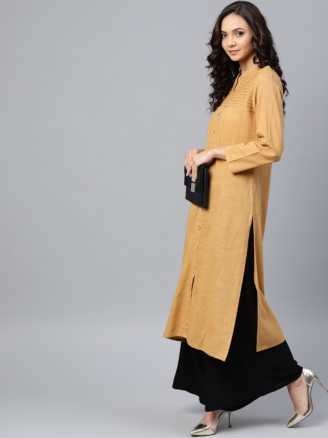Jompers Women Beige Cotton Straight Kurta with Pintucks - Distacart