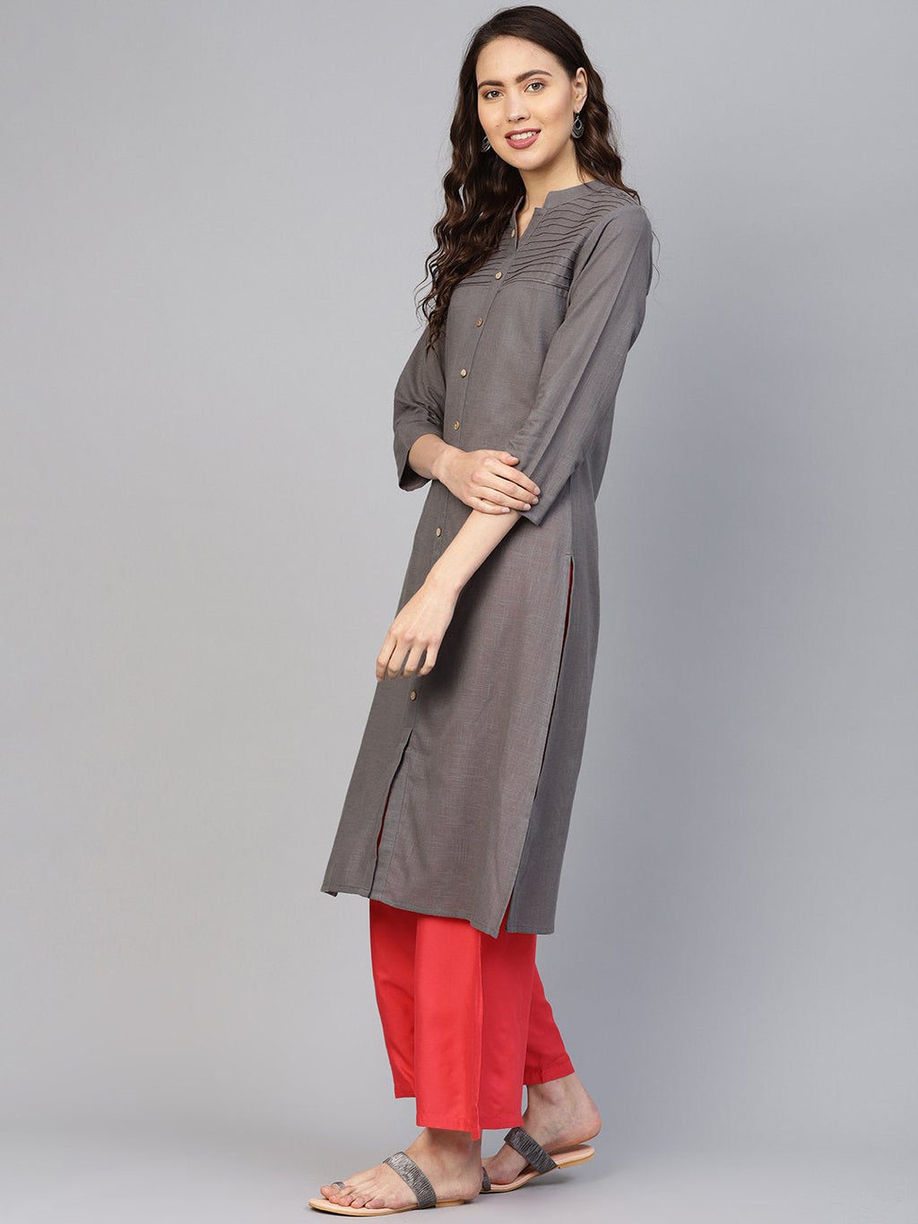 Jompers Women Grey Cotton Straight Kurta with Pintucks - Distacart