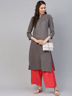 Jompers Women Grey Cotton Straight Kurta with Pintucks - Distacart