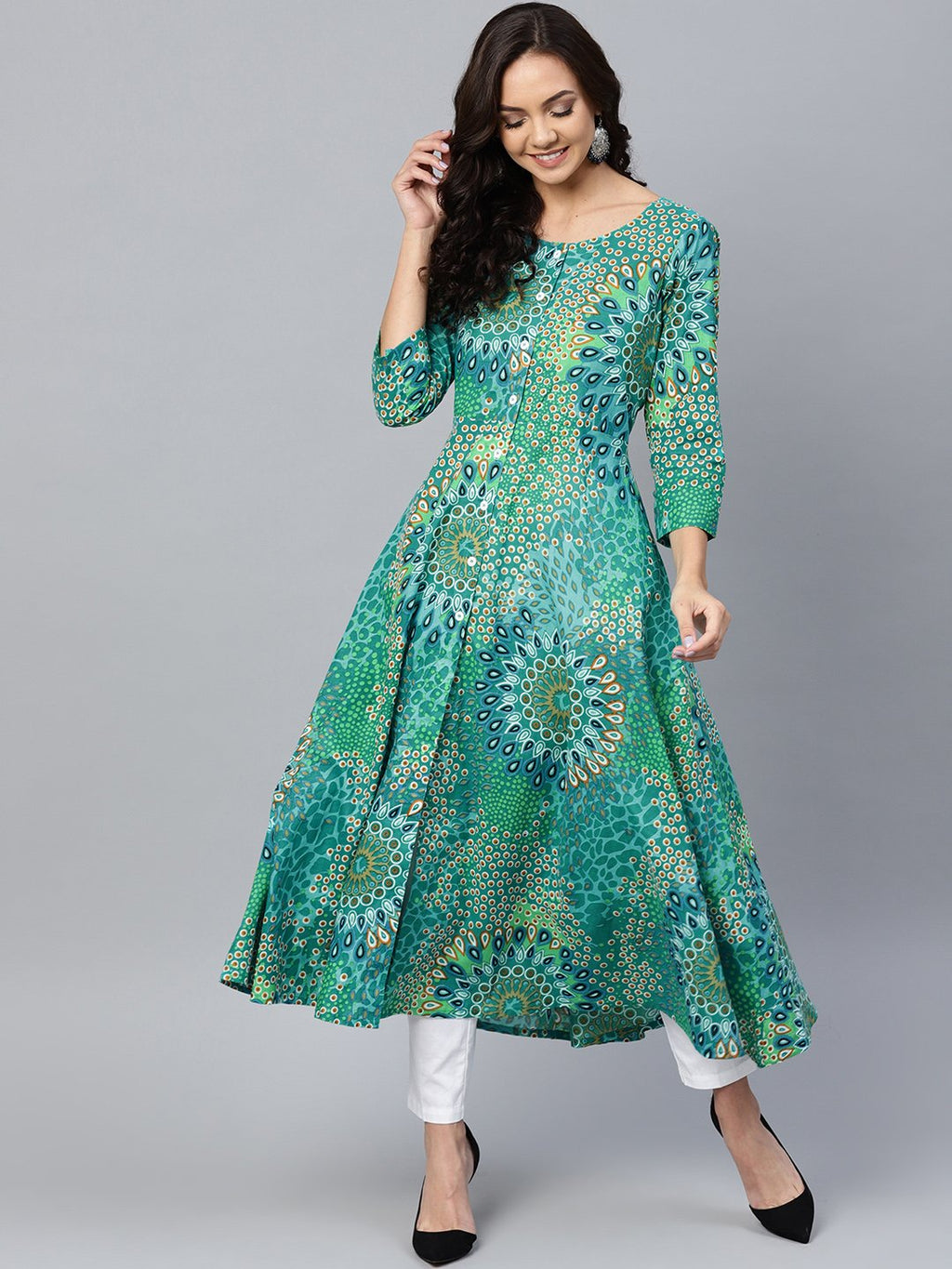 Jompers Women Green & White Printed Flared Kurta - Distacart