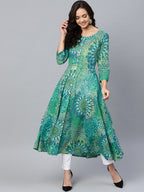 Jompers Women Green & White Printed Flared Kurta - Distacart