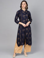 Jompers Women Navy Blue & Golden Printed Straight Kurta - Distacart