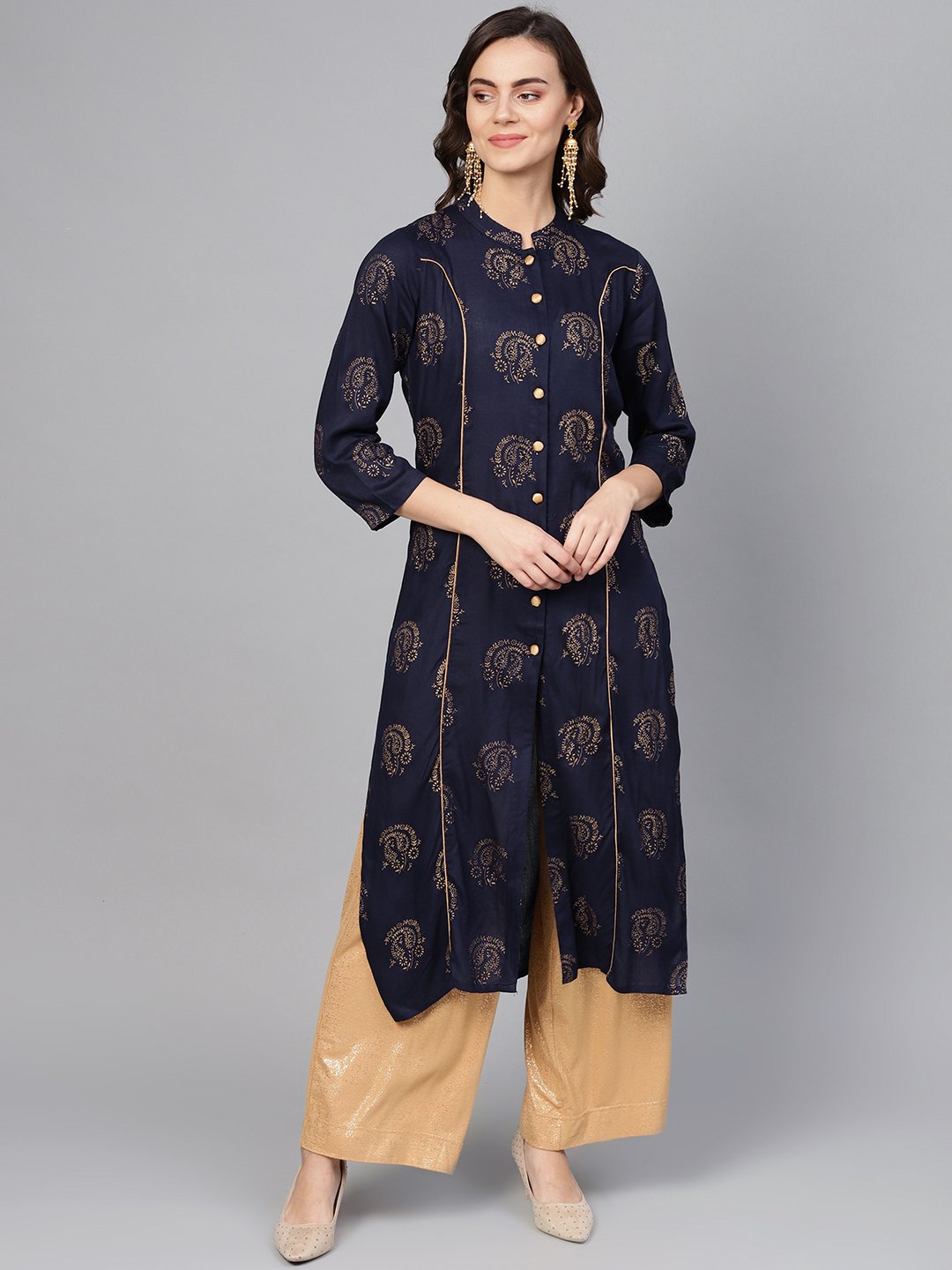 Jompers Women Navy Blue & Golden Printed Straight Kurta - Distacart