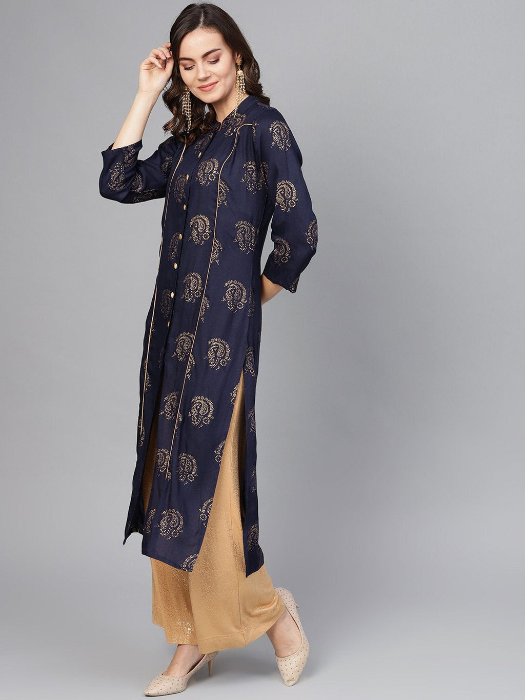 Jompers Women Navy Blue & Golden Printed Straight Kurta - Distacart