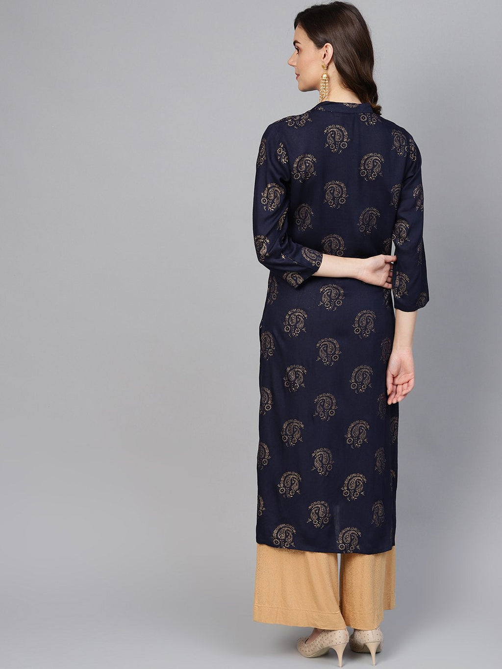 Jompers Women Navy Blue & Golden Printed Straight Kurta - Distacart