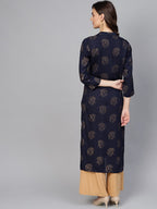 Jompers Women Navy Blue & Golden Printed Straight Kurta - Distacart