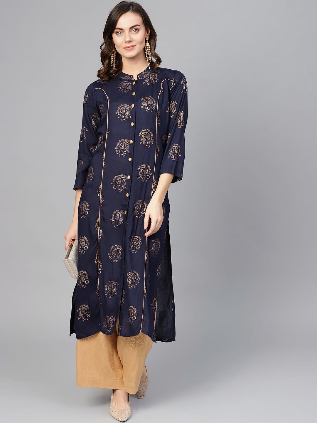Jompers Women Navy Blue & Golden Printed Straight Kurta - Distacart