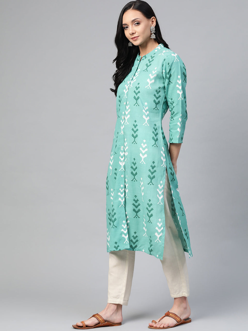 Jompers Women Green & White Ikkat Print Straight Kurta - Distacart