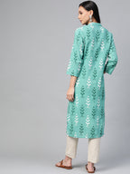 Jompers Women Green & White Ikkat Print Straight Kurta - Distacart