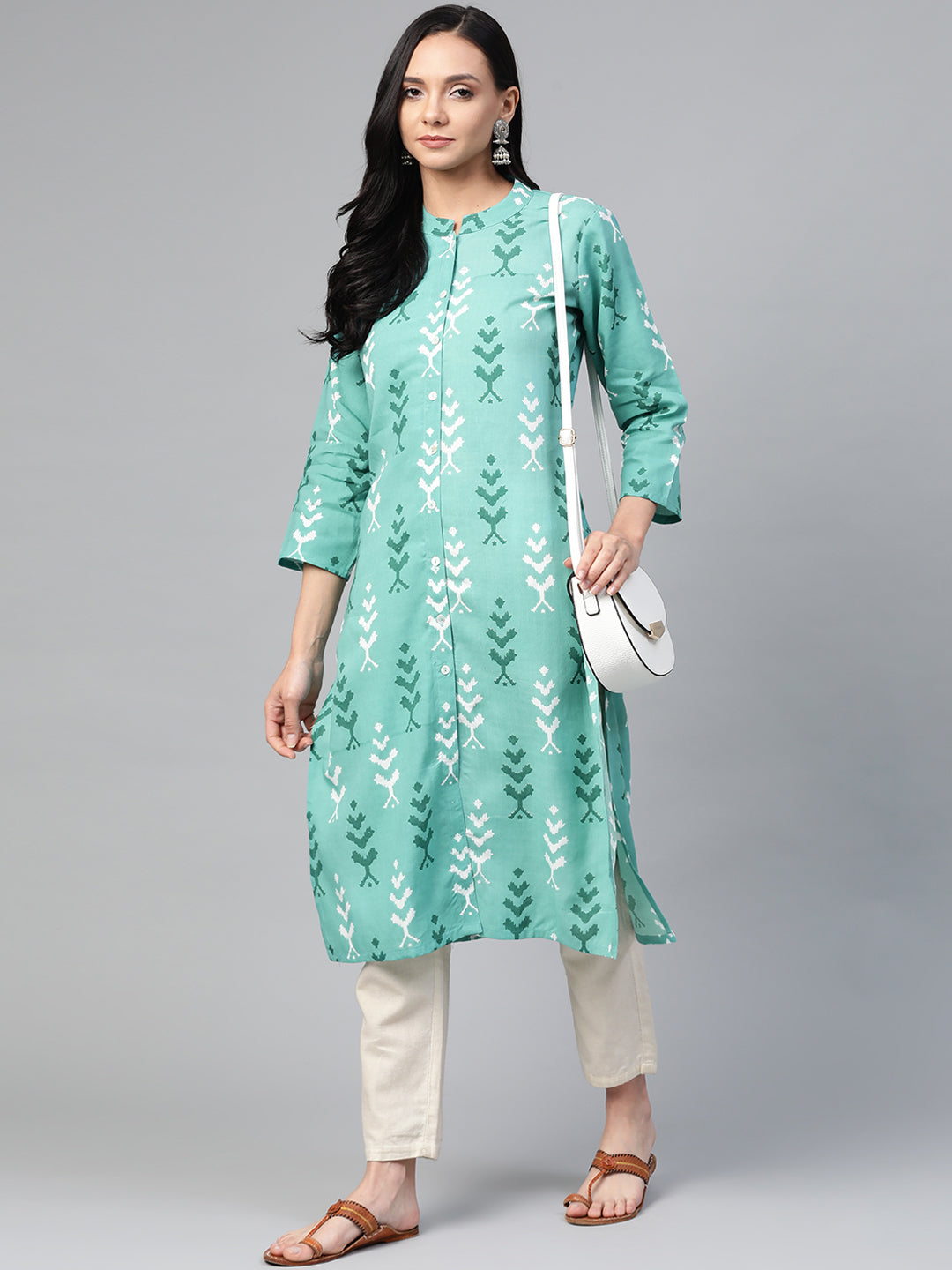 Jompers Women Green & White Ikkat Print Straight Kurta - Distacart