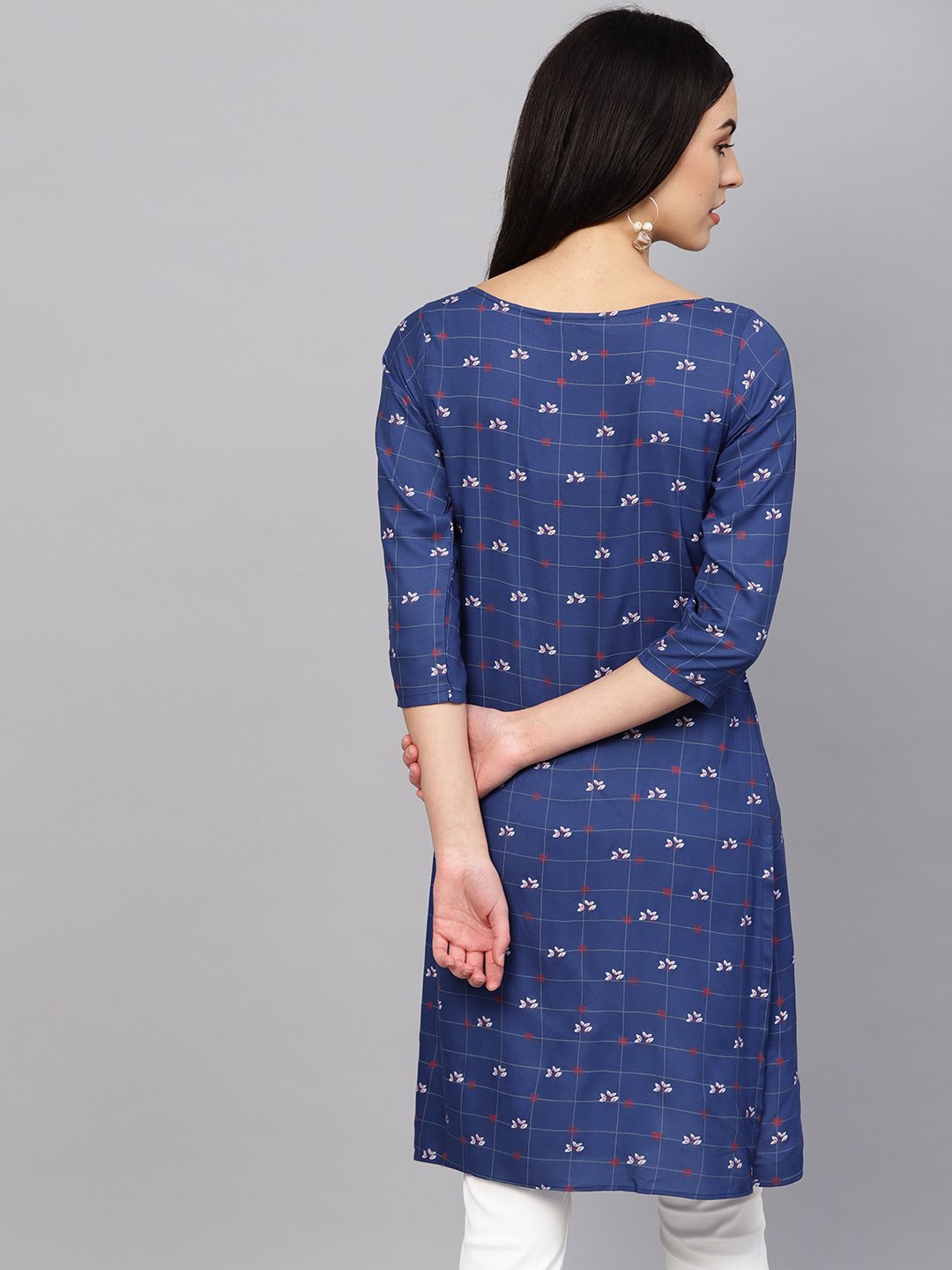 Jompers Women Blue & Off-White Checked Straight Kurta - Distacart