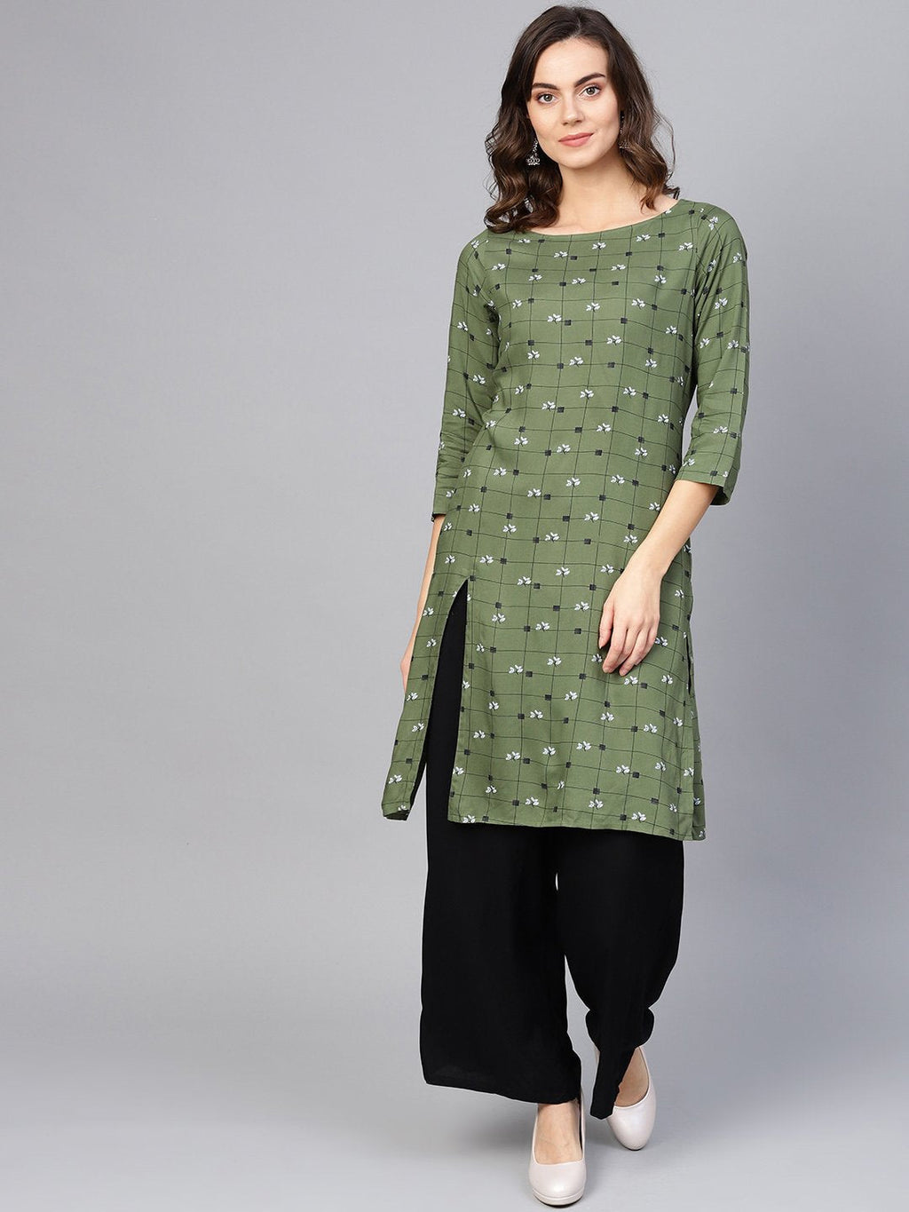 Jompers Women Olive Green & Off-White Checked Straight Kurta - Distacart