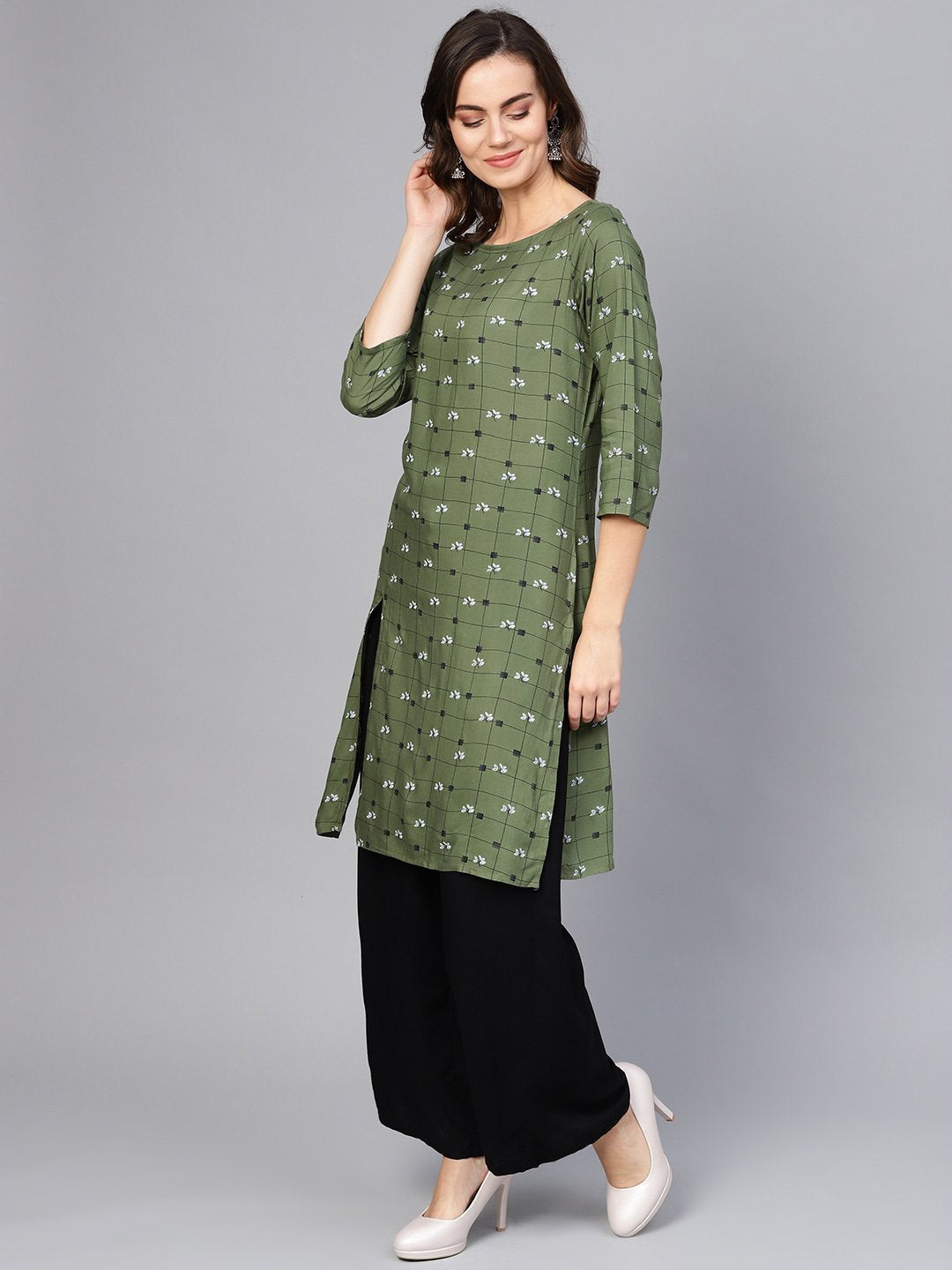 Jompers Women Olive Green & Off-White Checked Straight Kurta - Distacart