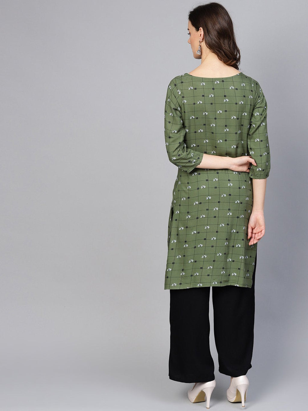 Jompers Women Olive Green & Off-White Checked Straight Kurta - Distacart
