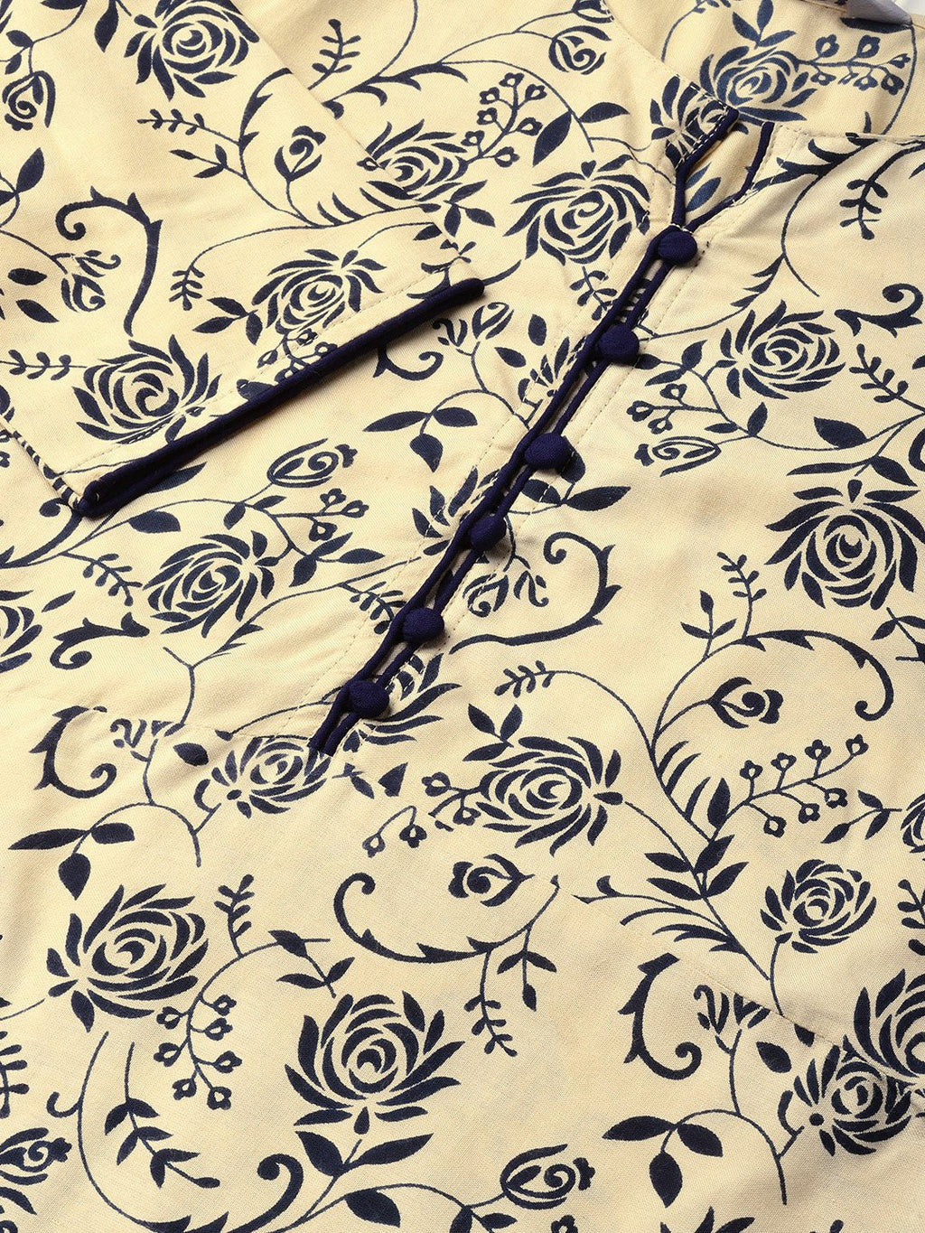 Jompers Women Cream-Coloured & Navy Blue Printed A-Line Kurta - Distacart