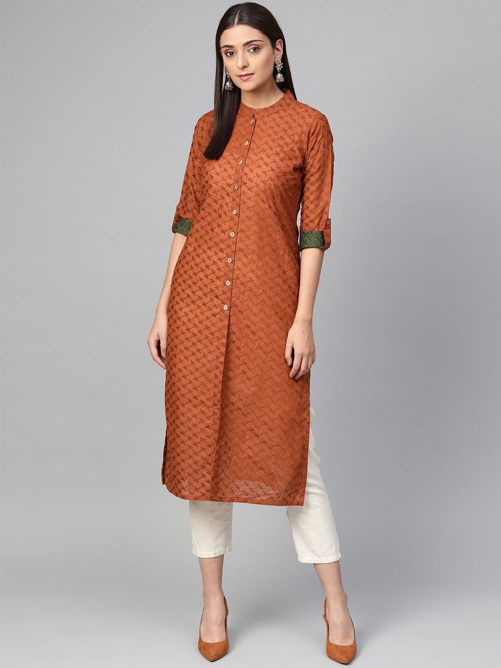 Jompers Women Rust Brown Embroidered Straight Kurta - Distacart